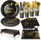 Nkaiso 161pcs Noir Or Anniversaire Party Vaisselle,Kit Vaisselles Anniversaire Assiette Dîner Papier Tasse Serviette, Enfants Party Fête Mariages Baby Shower Noël, 20 invités