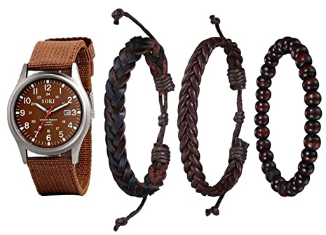 Avaner 4er Herren Uhr mit Armband Set Klassik Sport 24H Zifferblatt Kalenderfunktion Nylon Quarzuhr mit Buddha Perlen Geflochtene Lederschnur Armband Uhr für Männer Herren