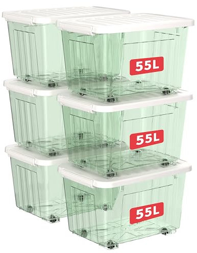 Cetomo 55 l x 6 Kunststoff-Aufbewahrungsbox, transparentgrün, Tragetasche, Organisationsbehälter mit robustem Deckel und sicheren Verriegelungsschnallen, stapelbar und stapelbar, 6 Stück, mit Schnalle