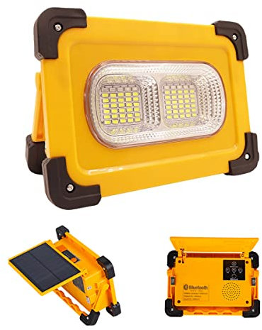 Luz de trabajo LED solar recargable de 80 W con altavoces Bluetooth, 4 modos de luz superbrillante, banco de energía USB, iluminación exterior impermeable IP65 para reparación de coches, camping,