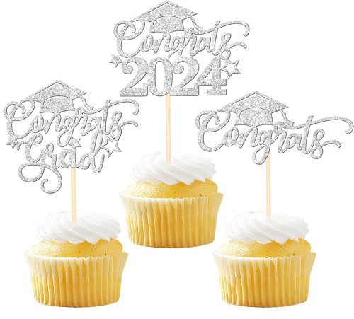 30 Stück 2023 Abschlussfeier Cupcake Topper Glitzer Grad Kappe Cupcake Picks für 2023 Abschluss Thema Schule Party Kuchen Dekoration Supplies Silber