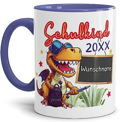 Tassendruck Personalisierbare Tasse zur Einschulung - Schulkind mit Name und Jahr personalisiert - Dino Tasse, personalisierte Geschenke zur Einschulung | 300ml, Innen & Henkel Cambridge Blau