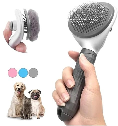 Self-Cleaning Dog and Cat Slicker Brush - Grooming Tool With Smooth Handle and Cleaning Button for Shedding and Massage (Grey)