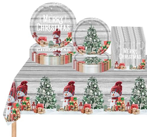 Yontree 41PCS Christmas Party Tableware Set Christmas Tablecloth Christmas Plates Napkins Xmas Dinnerware Christmas Party Supplies(10 Guests)