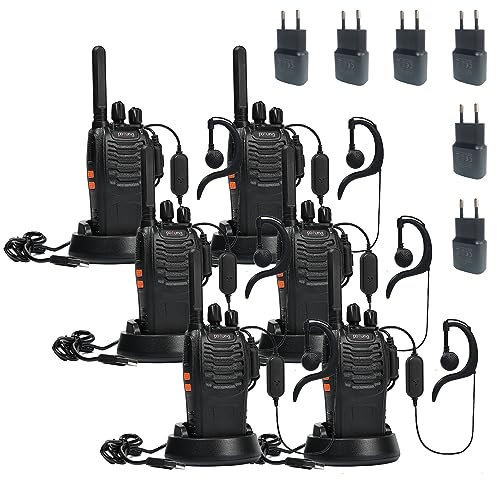 Walkie Talkie PMR446 Radio Bidirezionale Senza Licenza, pofung PT88E 16 Canali Walkie-talkies Professionali Ricaricabili a Lungo Raggio Con Caricatore EU e auricolari (nero, 6 pezzi)