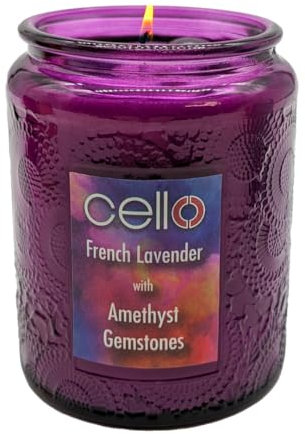 Cello Scented Amethyst Candle in a Purple Candle Holder. A Stunning Crystal Candle with Amethyst Gemstones. The Ideal Gemstone and Amethyst Gifts. Crystal Gifts for Women.