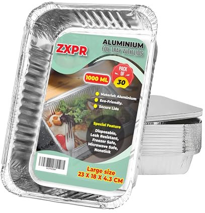 ZXPR Aluminium Foil Trays with Lids - Pack of 20 & 30 Pcs Disposable Foil Food Containers for Food Storage, Baking, BBQ, Roasting, Takeaway and Party (1000ml & 2300ml)