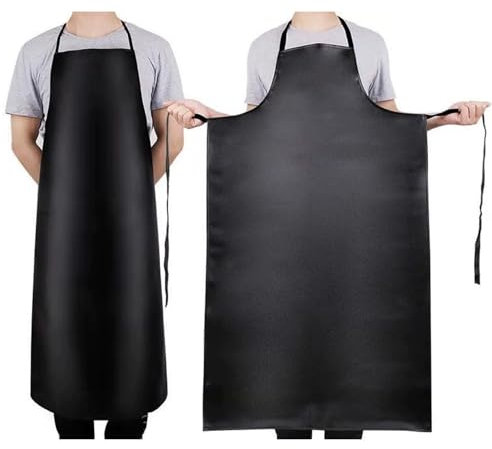 2 Pack, 39 Waterproof Rubber Vinyl Apron, Black, Chemical Resistant, Adjustable Aprons for Dishwashing, Kitchen, Cooking with 2 Pockets