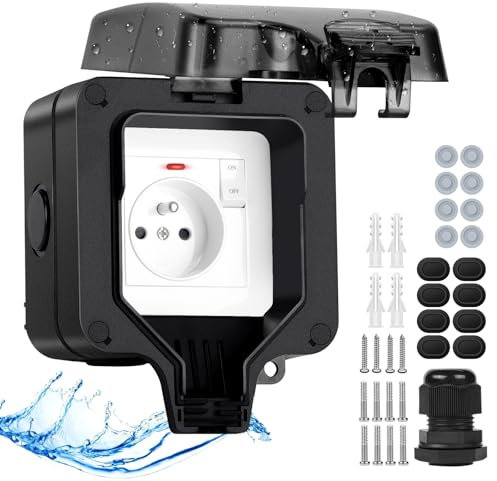 Upgrade Aussensteckdose Wasserdichte Steckdose IP66 mit Schalter Kontrollleuchte,Anthrazit Außensteckdose Aufputz Wetterfest Outdoor Steckdose Garten aussen Abschliessbar Klappdeckel-1 Fach-FR