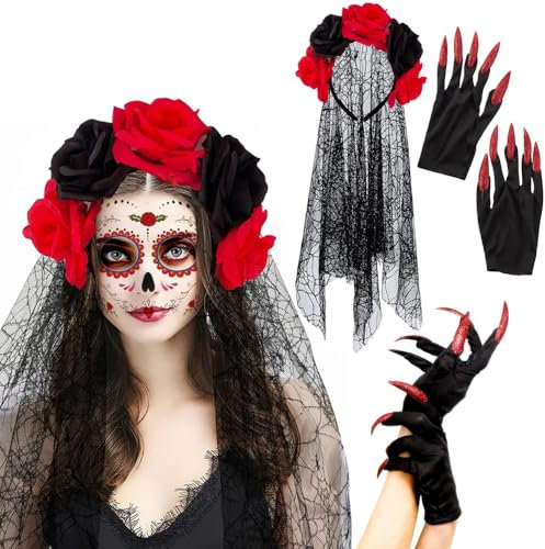 YGCHEN Halloween Day of the Dead Headband, Red Nail Gloves, Ghost Bride Headband with Flowers and Veil, Halloween Fingernails Gloves, Halloween Costume Accessories