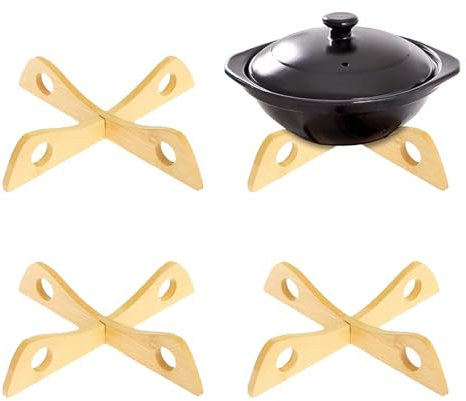 Trivets for Kitchen Worktops, 4 Pack Worktop Protector Bamboo Trivets for Hot Pans Heat Proof Mat Kitchen Folding Hot Pan Stand Non Slip Heat Resistant Pot Holders
