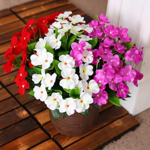 Hobyhoon Künstliche Impatiens,Künstliche Blumen Für Draußen Künstliche Balkonpflanzen,Geranien Künstlich Impatiens Blumen für Draußen,Künstliche Pflanzen Outdoor(3, Rot Weiß Violett)