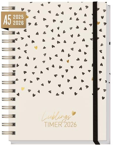 Häfft® Lieblings-Timer Ringbuch Kalender 2025/2026 A5 Golden Hearts Wochenplaner 17 Monate: Aug. 25 bis Dez. 26 - Hardcover Terminkalender, Terminplaner - nachhaltig & klimafreundlich