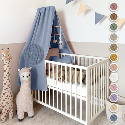lilimaus Betthimmel Babybett mit Gold Applikation in 12 Farben [inkl. Himmelstange] - Himmel Babybett aus 100% Baumwolle Musselin für Mädchen & Jungen - Himmelbett mit Stange - Kinder Babyzimmer Deko