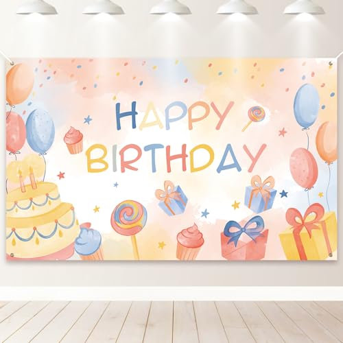 PartyYaa Pancarta de cumpleaños, pancarta de feliz cumpleaños, decoración para niños, extragrande, fiesta de cumpleaños, fotomatón de fondo, cartel decorativo para niñas y niños (beige)