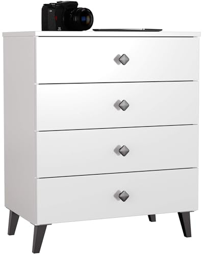 AKORD Kommode MOBI mit 4 Schubladen, Schrank für das Wohnzimmer Schlafzimmer, Moderne, 16mm Laminierte Platte, B60xH73xT37 cm, Farbe Weiß & Schwarz