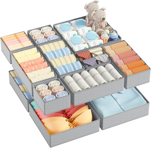 DIMJ Organizer Armadio - Organizer Cassetti, Separatori per Cassetti Divisori per Cassetti Organizzatore Cassetti, per Calze, Biancheria Intima, 12 Pezzi, Grigio Chiaro