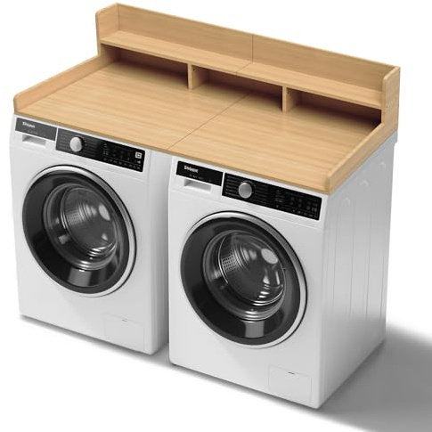 GCCSJ 2-Tier Joined Washer Dryer Countertop, 54 Width x 27.5 Depth Wood Shelf Topper with Edge & Non-Slip Pads for Laundry Room Organization Storage & Clothes Folding, White