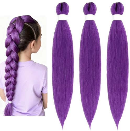 YOUYIKE 3pcs Extensiones Moradas, 68cm Larga Extensiones Pelo Morado Pre-estiramiento Trenzas Postizas para Niña Cosplay (Morado)