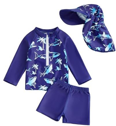 Toddlers Baby Boys' 3-Piece Rashguard Swimsuits Sets Long Sleeve Dolphin Print Trunks Swimwear Bathing Suit with Hat