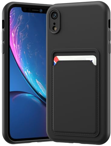 LVVFEI Coque iPhone XR 6,1 Pouces avec Porte-Cartes, Coque Silicone TPU Anti-Choc Intégrée, Housse avec Fente pour Carte Finition Mate, Noir