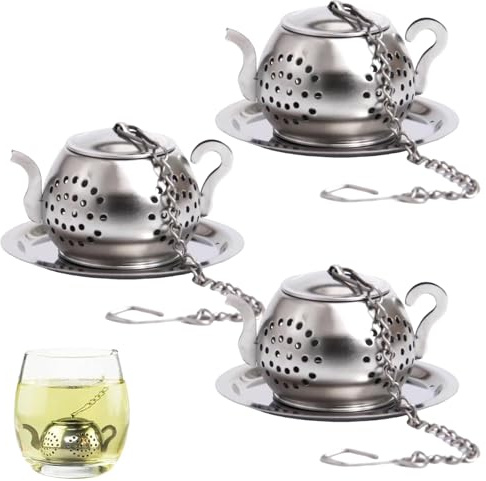 3 StüCk Teeei FüR Losen Tee, Tee Ei FüR Losen Tee, Tee Sieb, Teefilter Edelstahl, Teekanne Form Silber Tee Sieb Feinmaschig Teeei Mit Kette Und Teeauflage FüR Meisten Teetasse Teekanne KüChe Kochen