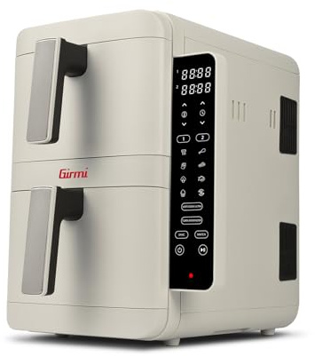Girmi FG41 Friggitrice ad Aria Ecofrit Dual, 2400 W, Contenitori e Vassoi antiaderenti, 9 Programmi, Display Digitale, Ricettario Incluso, Bianco