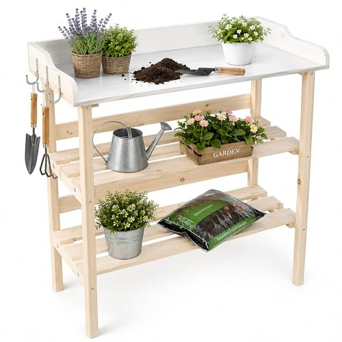 Mucola Pflanztisch Gärtnertisch mit Zinkplatte 2 Ablagen 84x78x38 cm Holz | verzinkte Arbeitsplatte wasserfest und pflegeleicht, unbehandelt individuell streichbar, für Gewächshaus und Terrasse