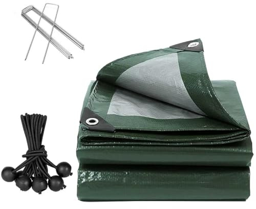 130GSM Waterproof Heavy Duty Tarpaulin, 3x5m Large Green PE Sheet, UV & Tear Resistant with Reinforced Eyelets, Includes 8 Bungee Balls & Stakes, Protective Cover for Car, Pool, Garden, Camping