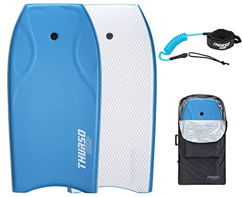 Thurso SURF 42 Zoll Bodyboard für Strand und Pool – Leichtes PE-Core mit IXPE-Deck, HDPE-Boden und FRP-Stringern | Hochleistungs-Bodyboard inkl. Doppel-Dreh-Surfleine und Tasche (Blitz Azurblau)