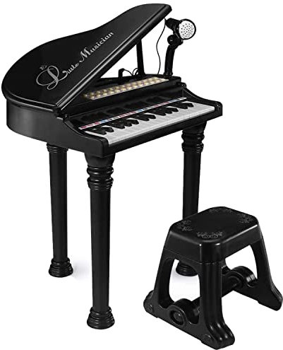 Kids Electronic Grand Piano Musical Instrument Keyboard Organ Toy Microphone Age 3+ & Stool (Black)