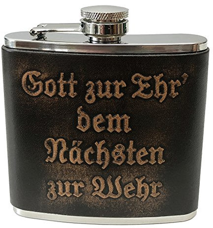 Flachmann Feuerwehrflachmann Floriani Feuerwehr-Taschenflasche Gott zur Ehr dem Nächsten zur Wehr Trinkflasche Feuerwehrmann Edelstahl Leder geprägt Handarbeit firefighter