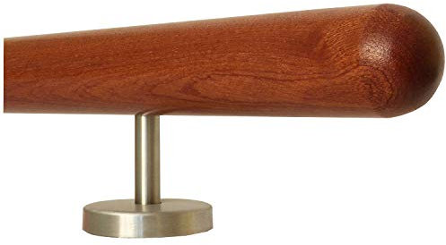 TIBU Mahagoni Geländer Handlauf Treppe Holz Griff 30-500 cm gerade Edelstahl Halter, Länge 130 cm mit 2 gerade Halter - Enden Halbkugel gefräst