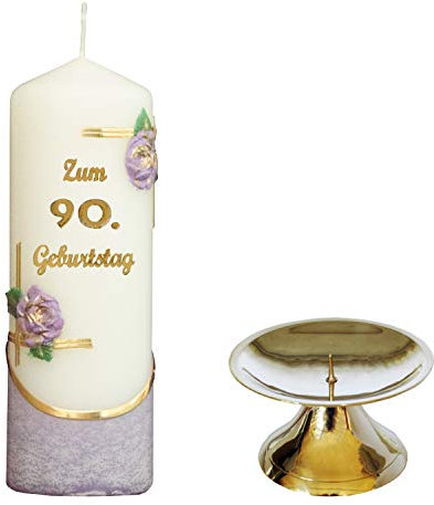 Auswahl * Jubiläumskerze/Geburtstagskerze ''Zum 90. Geburtstag'' * lila * mit farbigen Wachsauflagen * inkl. Kerzenständer aus Messing * (Motiv 003) Auswahl Motiv + Farbe
