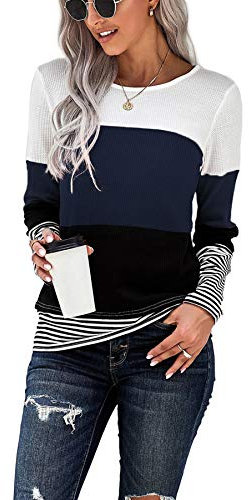 SMENG t Shirts for Women UK Autumn Long Sleeve Jumper Patchwork Crew Neck Colour Block Sweatshirts Quality Striped Pullover Navy Size(UK18-20)
