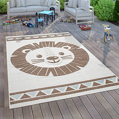 Paco Home Kinderteppich Kinderzimmer Outdoorteppich Spielteppich 3D Effekt Löwe Beige, Grösse:140x200 cm