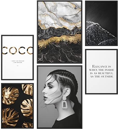 Papierschmiede® Set Mood Posters, Tableau Décoration Murale sans cadres « Coco Black & Gold » Bureau, Salon, Deco Chambre Parentale, Cuisine, 2x A2 et 4x A3, marbre noir élégance