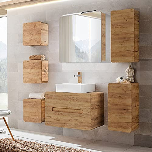 Lomadox Badmöbel Komplett Set mit 80 cm Waschtisch & LED-Spiegelschrank, Wotan Eiche Nb., Hochschrank, 3 Hängeschränke