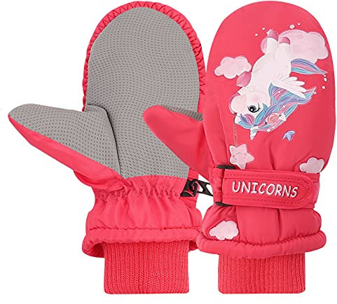 JNUYISW Guanti Sci Bambino, Guanti Indernale Antivento Impermeabile Guanti Termici Invernali per Sci, Ciclismo, Snowboard, attività Outdoor, 2-10 Anni Ragazzi e Ragazze (Unicorno rosso, S)