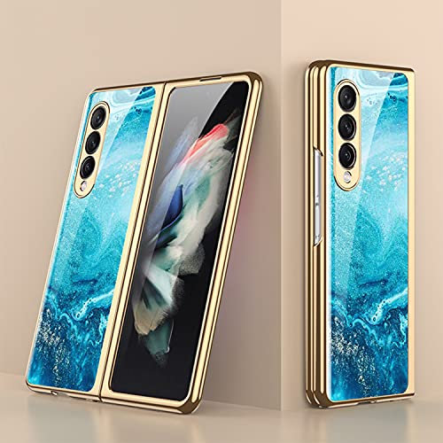 COQUE Galaxy Z Fold 3 5G Case,Ultra Slim 9H Glass Shiny Painted Mobile Phone Shell,Folding Phone Cover for Samsung Galaxy Z Fold 3 5G-Fluid-Ocean Blue