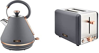 Tower T10044RGG Cavaletto Pyramid Kettle with Fast Boil, Grey and Rose Gold & T20036RGG Cavaletto 2-Slice Toaster with Defrost/Reheat, Stainless Steel, 850 W, Grey and Rose Gold