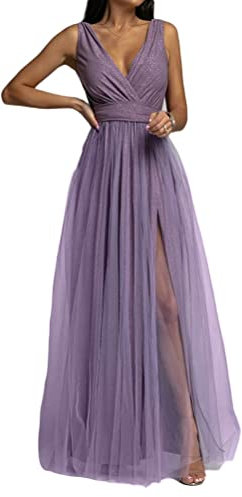 Minetom Donne Lunga Vestito da Cocktail Sera Elegante Linea ad A Scollo a V Senza Maniche Maxi Abito da Cerimonia Damigella A Viola L
