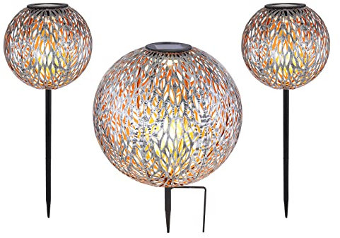 meineWunschleuchte LED Solarkugeln aus Metall im 3er SET - Ø 18cm & 27cm – effektvolle Lichtspiele durch Ornamente