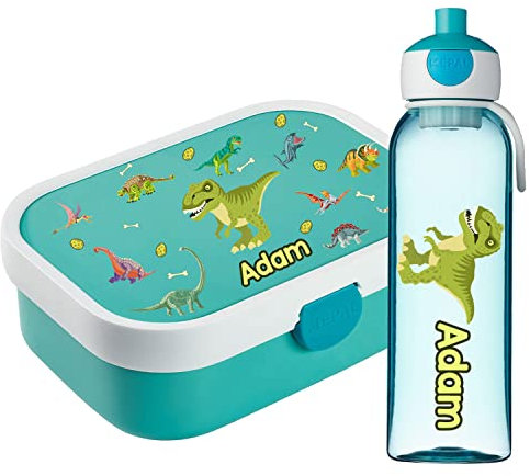 Lunchbox Set für Kinder Jungen zur Schule Personalisiert mit Namen Brotdose Wasserflasche Trinkflasche BPA frei Essen für Unterwegs mit Gabel und Bento Fach To Go Dino [153]