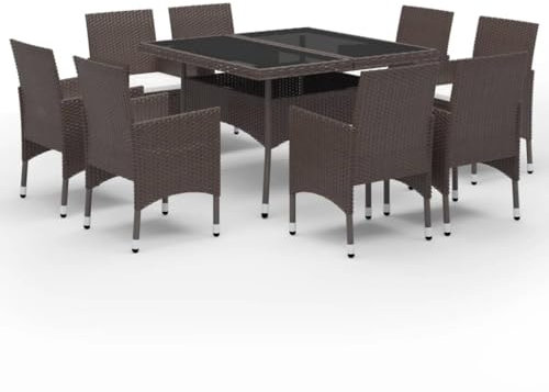 vidaXL Garten Essgruppe 9-TLG., Gartengarnitur mit Kissen, Sitzgruppe für Garten Terrasse, Gartentisch Stühle Gartenmöbel, Braun Poly Rattan Hartglas