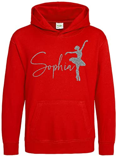 Purple Print House Personalised Silver Glitter Ballet Dancer Girls Hoodie, Dancing Birthday Gift Ideas for Daughter, Ballet Dance Class Hoody, Cute Ballerina, 7-8 Years, Red