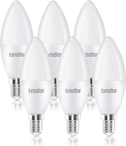 EXTRASTAR Bombillas LED Vela 7W E14, Luz Blanca Fría 6500K, 600Lm, Equivalente a 56W Bombilla Incandescente Halógena, No regulable, 6Pcs