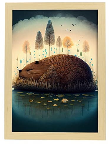 Nacnic Biber Poster im Präzisionsstil. Illustrationen süßer schlafender Tiere in warmen Farben für Kinderzimmer. Innenarchitektur und Dekoration. A3 mit Leichtholzrahmen.