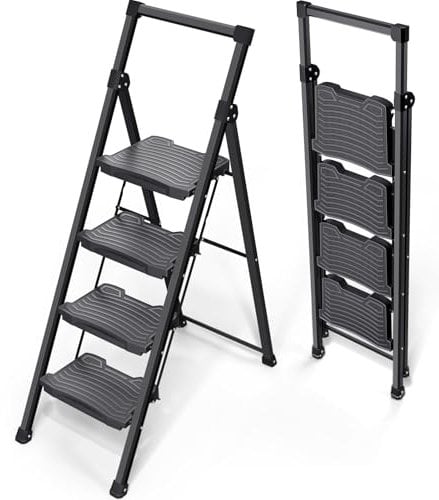KINGRACK Escalera Plegable de 4 Peldaños Capacidad de 400 kg con Pedales Antideslizantes Anchos, Manubrio de Esponja, Escalera de Tijera de Acero, Escalón Taburete para Hogar Cocina Oficina, Negro