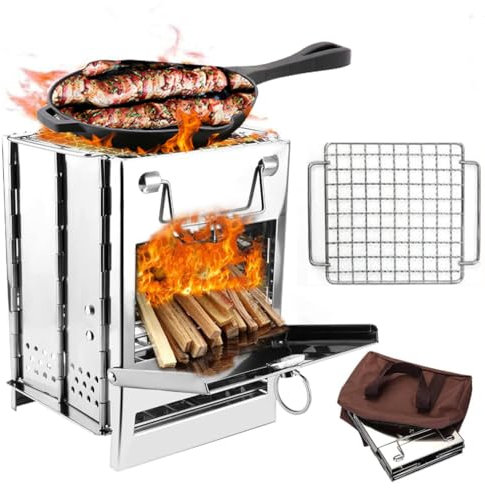 Estufa de leña para acampar con parrilla, plegable, para mochileros, supervivencia, cohete, estufa de acero inoxidable, para cocinar al aire libre, picnic, senderismo, barbacoa (plateada, pequeña)